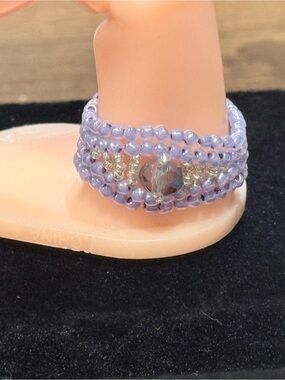 Handcrafted Lavender Beaded Stretch Ring with Crystal Accent